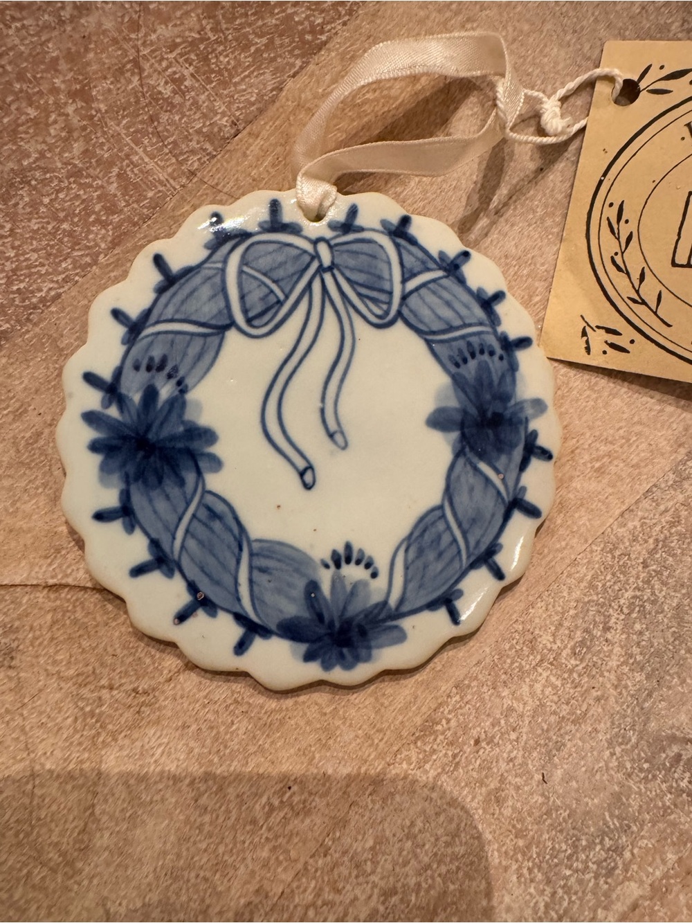 Handcrafted Blue and White Porcelain Wreath Ornament by - Picture 3 of 4